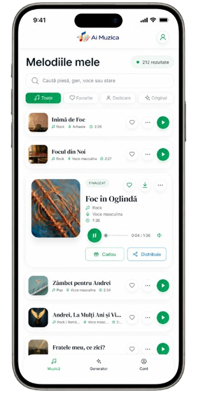 Playlist personal AiMuzica pe mobil cu melodii, favorite, play, download, cadou și distribuire